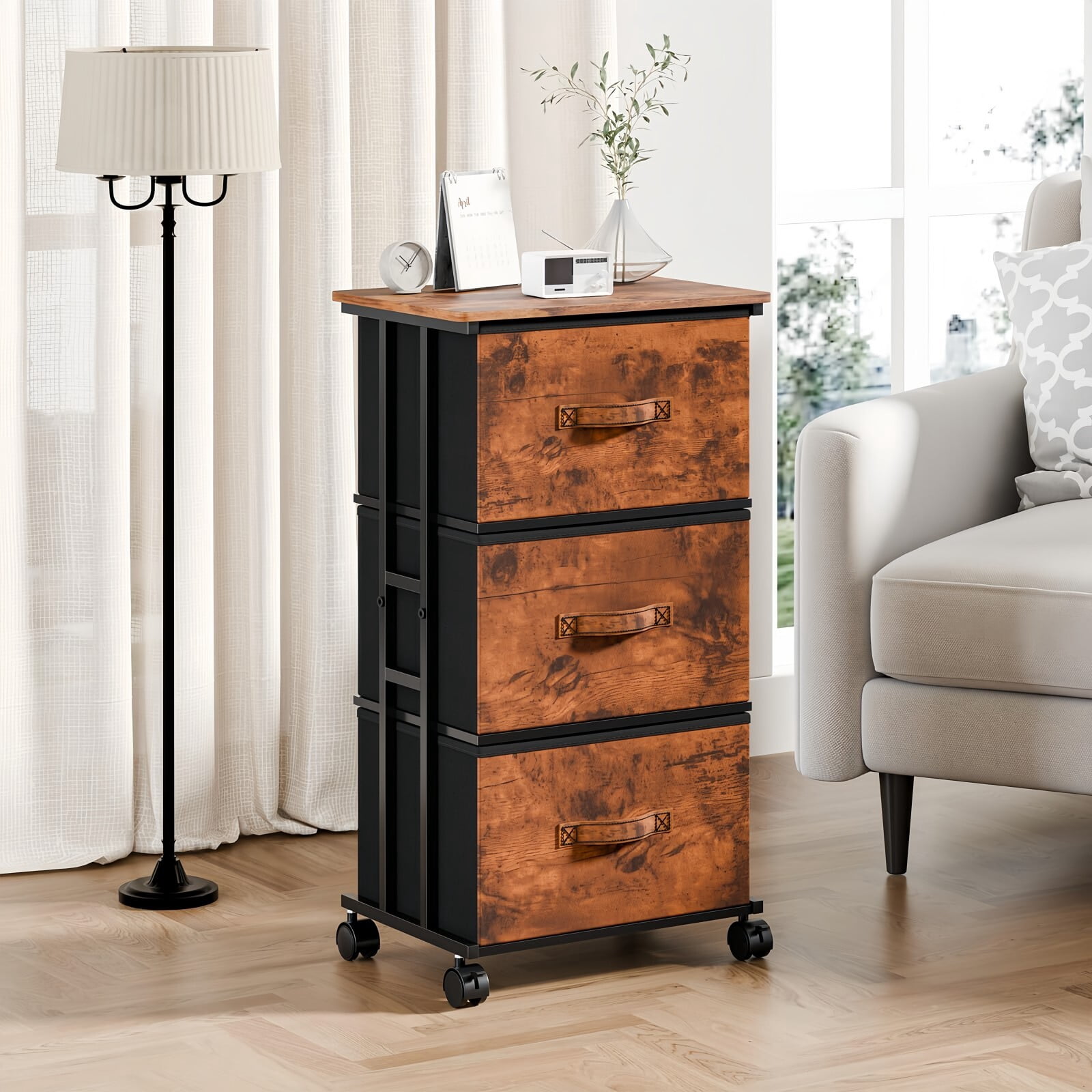 Kelno 3 Drawers Rolling Fabric Dresser Mobile Nightstand Storage Cabinet with Wheels, Rustic Brown