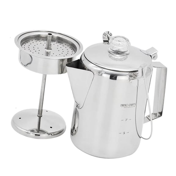 9 Cup Stainless Steel Percolator with Clear Knob Hinged Lid Coffee Maker Quick Heating Coffee Pots