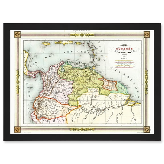 Duvotenay 1846 Map Colombia Guyana Americas Artwork Framed Wall Art Print A4