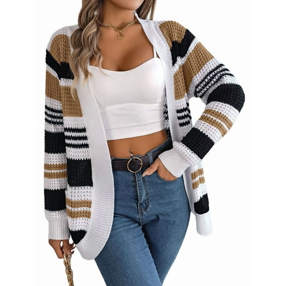 Womens Color Block Striped Sweaters Colorful Long Sleeve Open Front Knitted Cardigan Loose Outwear Coats Khaki S