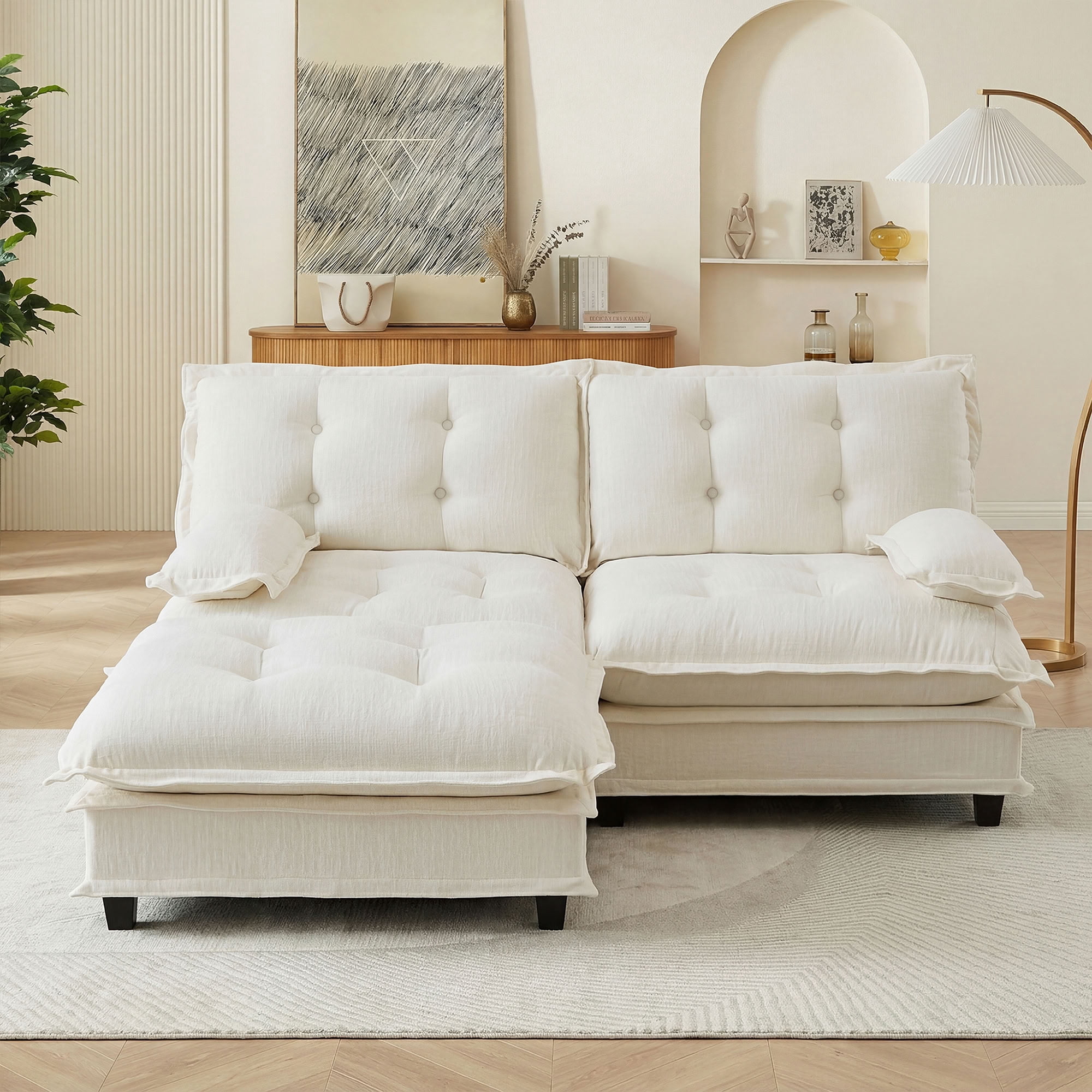 MAYEERTY 77 Inch L-Shaped Sectional Sofa with Ottoman, Chenille 2-Seat Modular Couch, Solid Wood & Metal Frame for Living Room Bedroom Apartment