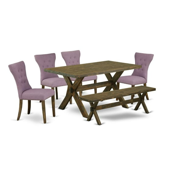 East West Furniture 6-Piece Wood Dining Table Set-Dahlia Linen Fabric Seat and Button Tufted Chair Back Kitchen chairs, A Rectangular Bench and Rectangular Top Kitchen Table with Wooden Legs -...