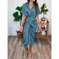 thumbnail image 3 of Blue Green Satin Shirt Dress With Ruched Waist And Self-Tie Belt, 3 of 5