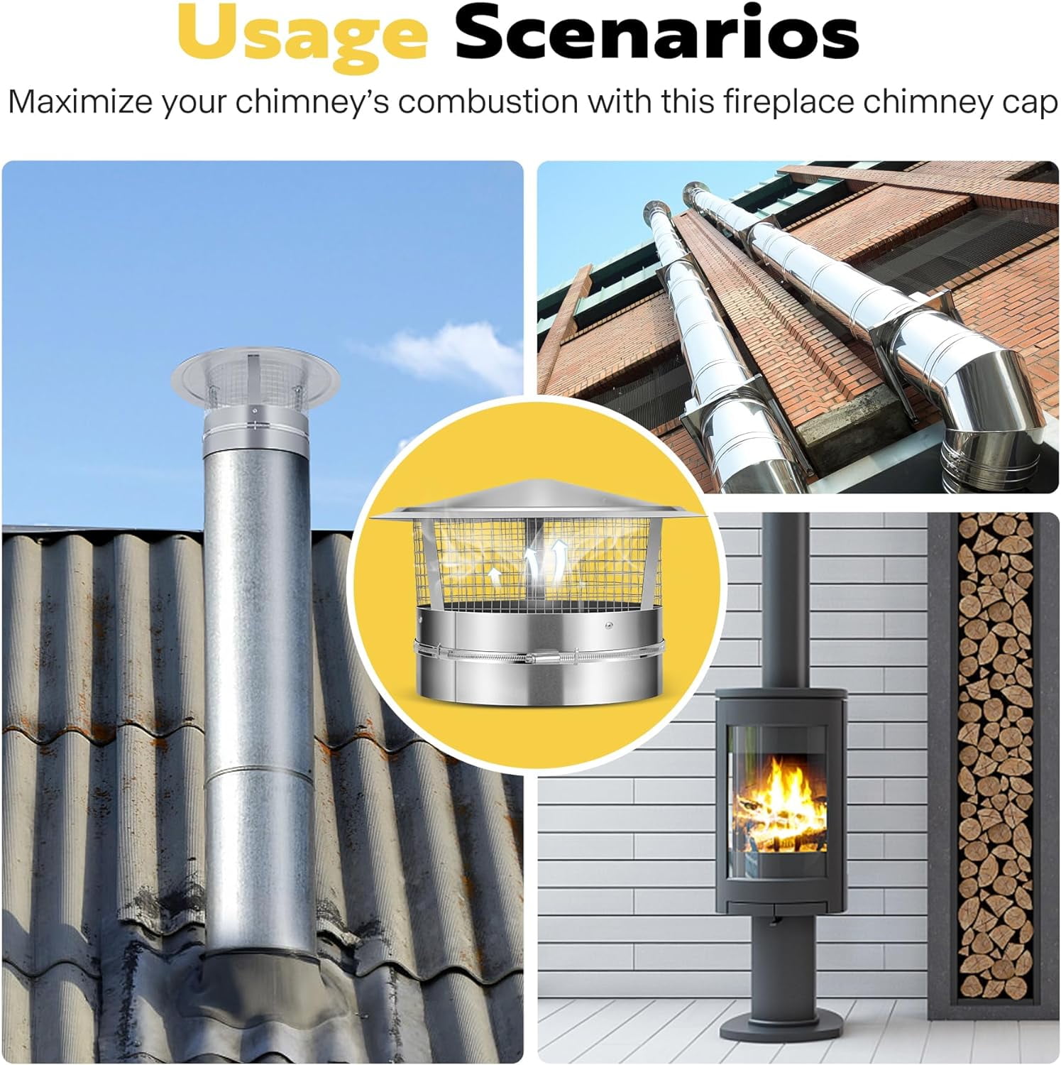 SPECSTAR 12" Cone Top Chimney Cap with Screen, Round Roof Rain Chimney Cover, Galvanized Steel Fireplace Exhaust Cap, Adjustable Roof Cap for Vent