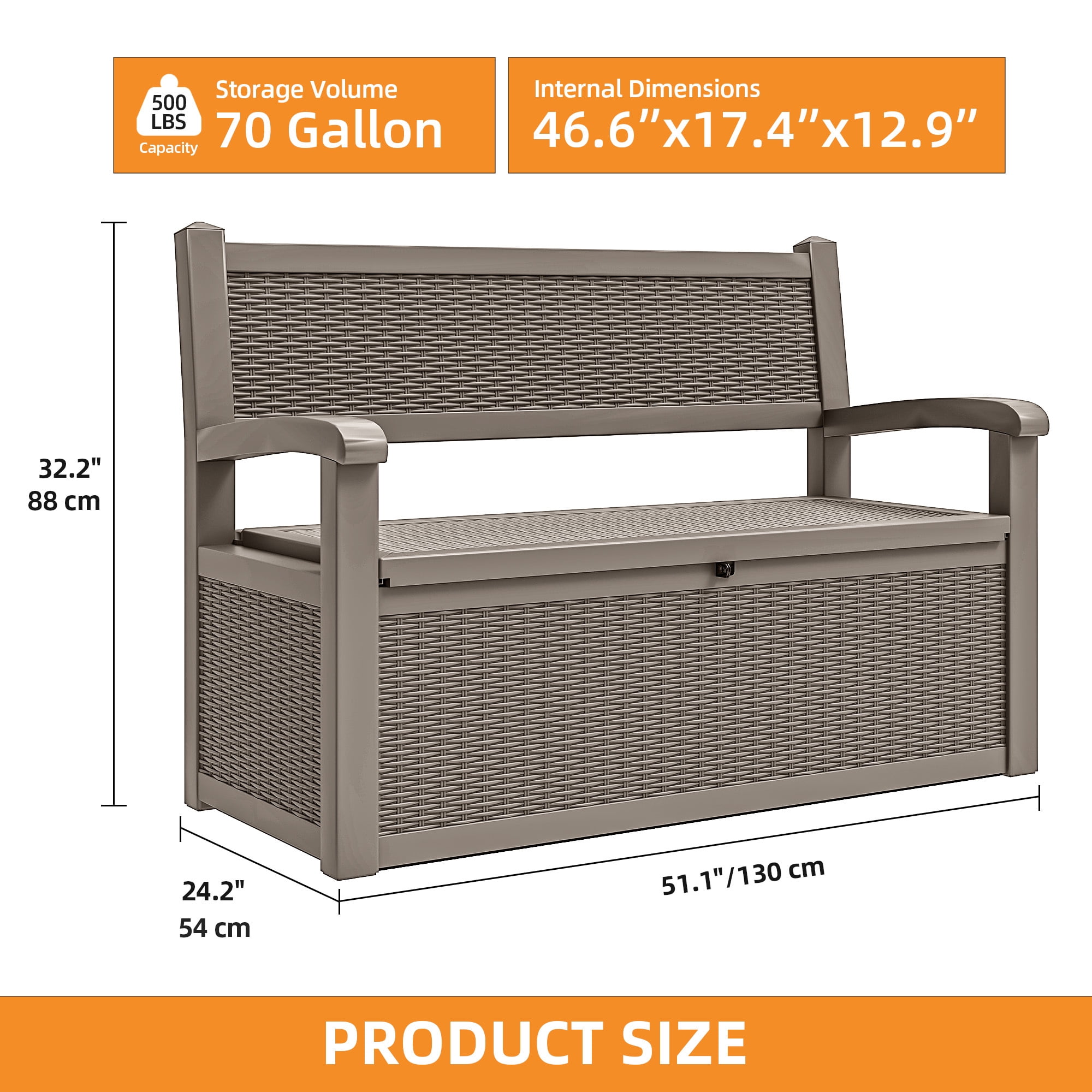 Uforic 70 Gallon Outdoor Storage Deck Bench with Armrests, Waterproof Lockable Storage Box for Patio, Garden, Pool & Porch, Light Brown
