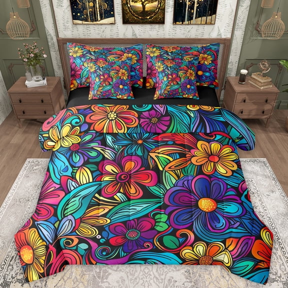 Manfei Boho Floral 7-Piece Twin Bedding Sets,Rustic Botanical Bedding Comforter Set,Rainbow Flower Sheet Sets For Kids,Breathable Home Decor Reversible