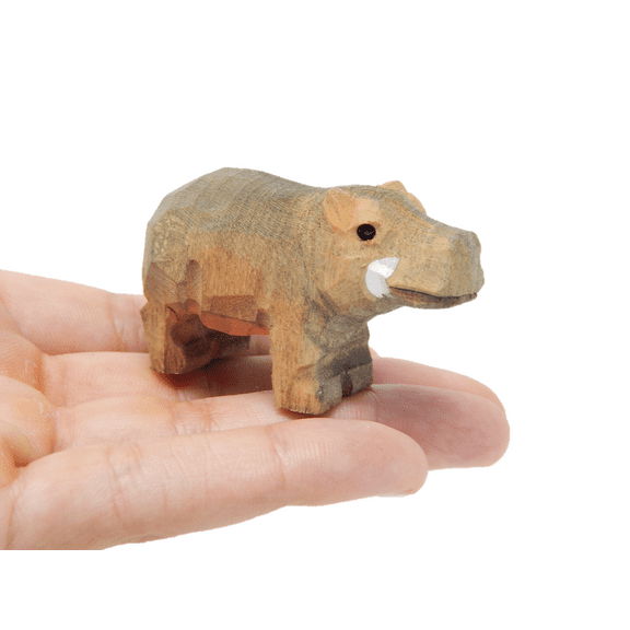 Hippo - Small Wooden Pygmy Hippopotamus Figurine - Africa River Horse Carving Handmade Decoration Miniature Animals