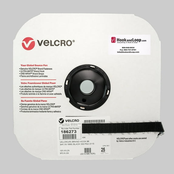 VELCRO® Brand - 3/4" Black Hook: Pressure Sensitive Adhesive - Rubber