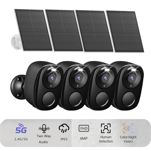 2K Wireless Outdoor Home Security Camera 4 PACK, 2.4GHz/5GHz WiFi, Solar Powered Battery Cam, AI Motion Detection, Spotlight Siren, Color Night Vision, IP66, 2-Way Talk