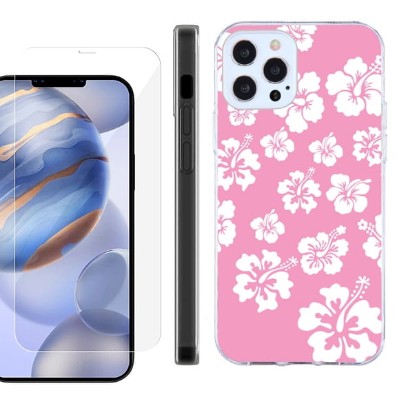 Slim Fit Protective Phone Case for Apple iPhone 12 / iPhone 12 Pro, with Tempered Glass Screen Protector, by OneToughShield ® - Hibiscus Pink