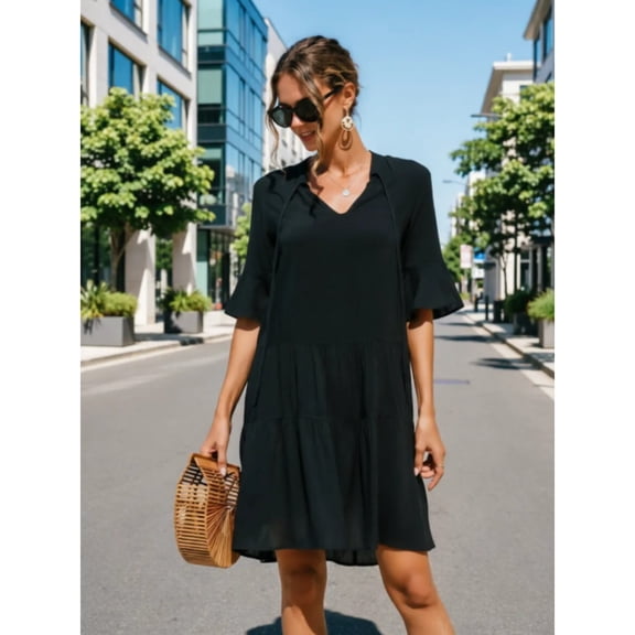 Women Dresses Summer Dress V-Neck Short Sleeve T-Shirt Elegant Dress Babydoll Ruffles Casual Mini Female Dress