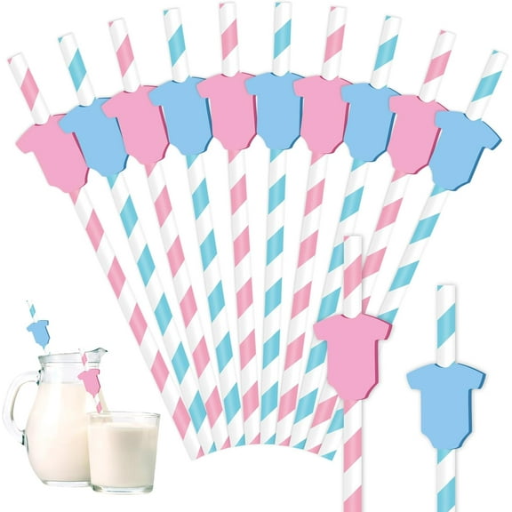 12Pcs Gender Reveal Paper Straws Boy or Girl Drinking Straws Blue Pink Stripe Disposable Straw for Baby Shower Gender Reveal Party Supplies