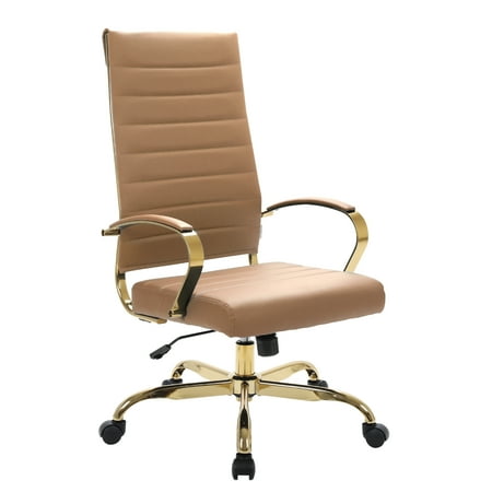 UPC: 0798118642099 | LeisureMod Benmar High-Back Mid-Century Modern Swivel Leather Office Chair With Gold Frame in Light Brown