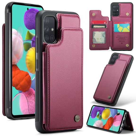 Mantto Case for Samsung Galaxy A51 4G with Card Holder, Retro PU Leather RFID Blocking Credit Card Slots Double Magnetic Clasp Flip Kickstand Shockproof Phone Cover for Samsung Galaxy A51 4G,Winered