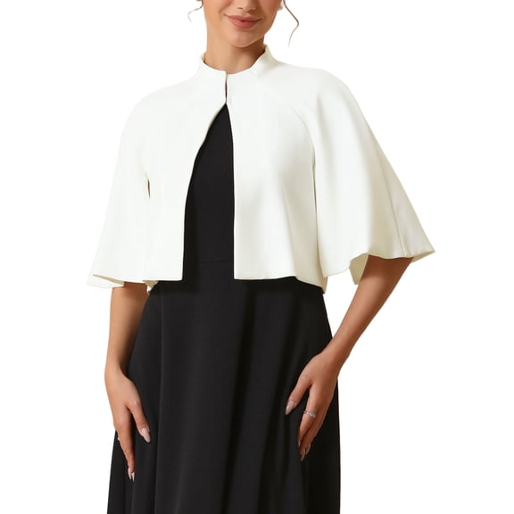 DARING DIVA Women's Formal Shrug Crewneck Split Short Sleeve Cape Blazer S White