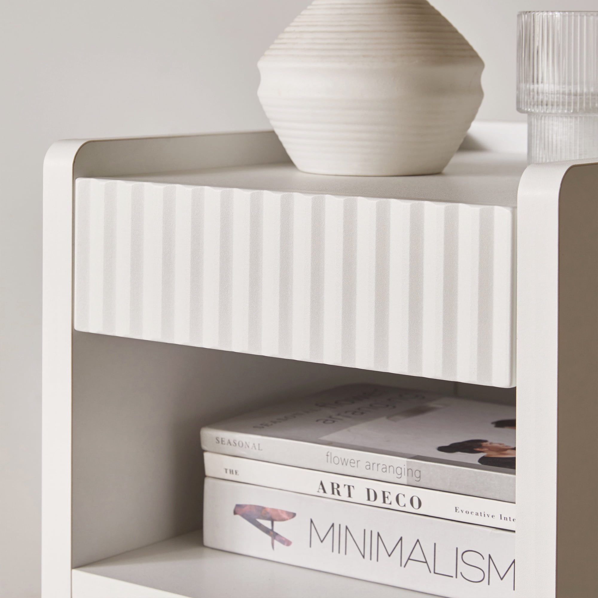 PORKISS 11.8" Nightstands Set of 2, Narrow Fluted Bedside Tables with 2 Drawers and Open Storage, Silent-Slide Side Tables for Bedroom & Living Room, White