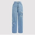 thumbnail image 2 of KAUOD Girls Vintage Jeans Heart Ripped High Waist Denim Pants Kids Straight Washed Retro Distressed Denim Trousers Bottom, 2 of 9