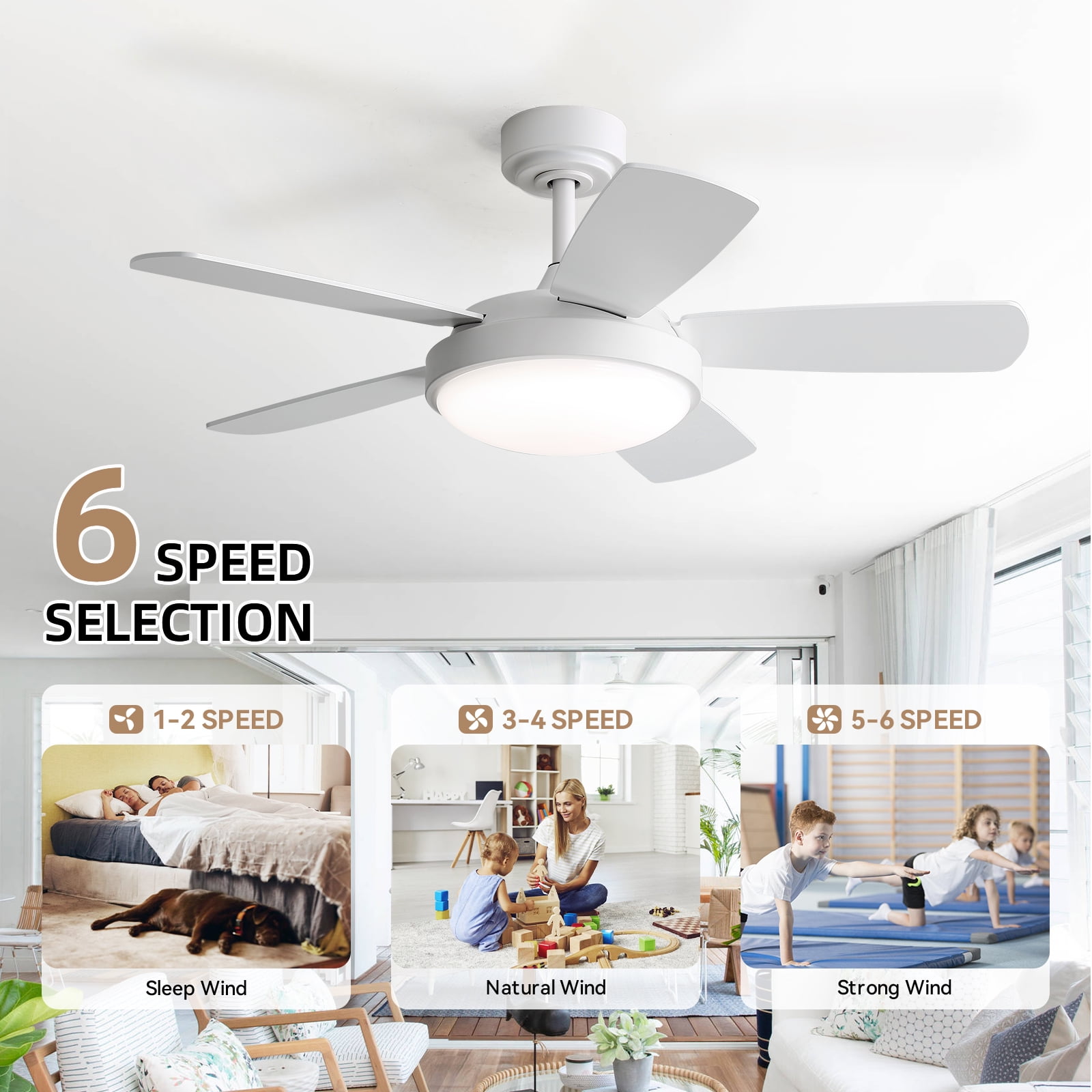 Sofucor Ceiling Fan 42 inch 5 Blade Modern Ceiling Fan With Light and Remote Control，White
