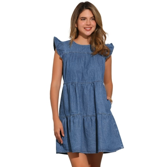 DARING DIVA Denim Casual Cap Sleeves Tiered Mini Dress XS Blue