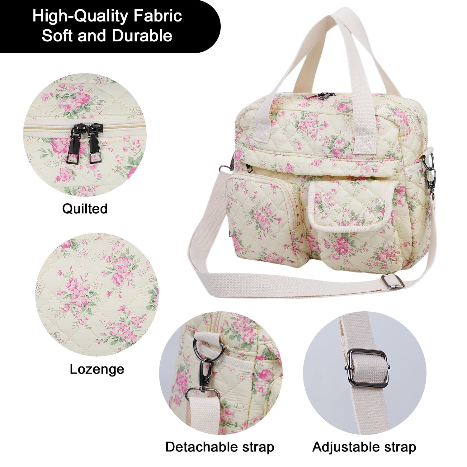 Small Floral Quilted Tote Bag 2-Pack for Women: Multi-Pocket Crossbody & Shoulder Bag for Everyday Use