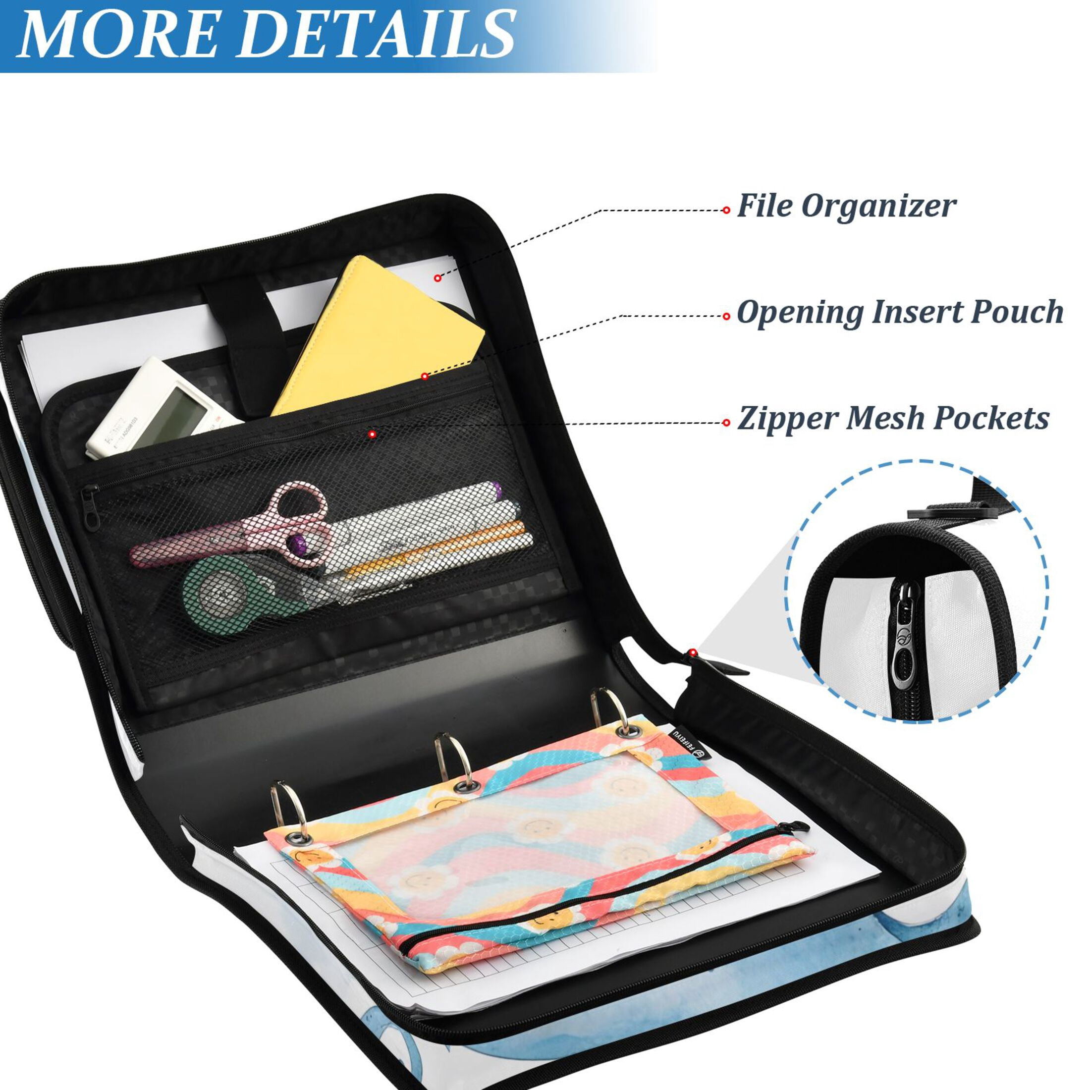 3 Ring Zipper Binder with Shoulder Strap Waterproof Trapper Keeper 2 Inch D-Ring 500 Sheets Capacity Cute Blue Octopus and Star