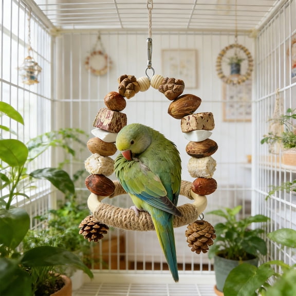 Darzheoy Parrot Chew Toys for Beak and Claw, Natural Wood Bird Play Gym with Swings, Nut Foraging Toys for Small Medium Birds, Parakeet, Cockatiel, Conure