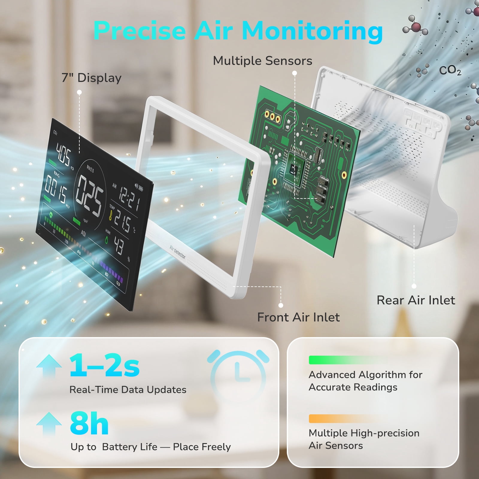 Fil-fresh 16 in 1 Air Quality Monitor Indoor 7" Display 9 AQI+7 AQI Alerts, CO2 Monitor Air Quality Tester for CO2, TVOC, HCHO, PM2.5, PM1.0, PM10, Time, Temperature, Humidity Meter