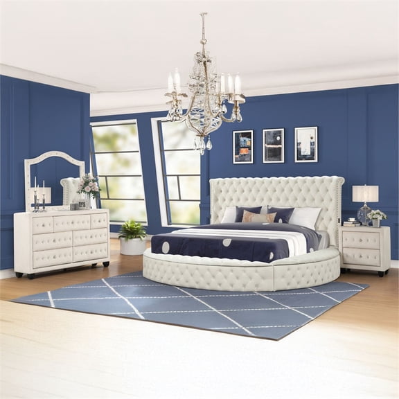 Hazel King 4 Pc Tufted Upholstery Bedroom Set Made with Wood in Cream