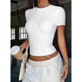 thumbnail image 6 of Gynyvoja Short Sleeve Shirts for Women Round Neck Basic Double Lined Tees Fitted Y2k Crop Tops White L, 6 of 9