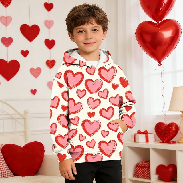 TaTaai Valentine's Day Printed Hoodie, Youth Long Sleeve Pullover, Pocket Casual Sweatshirt, Holiday Gift Apparel Gift