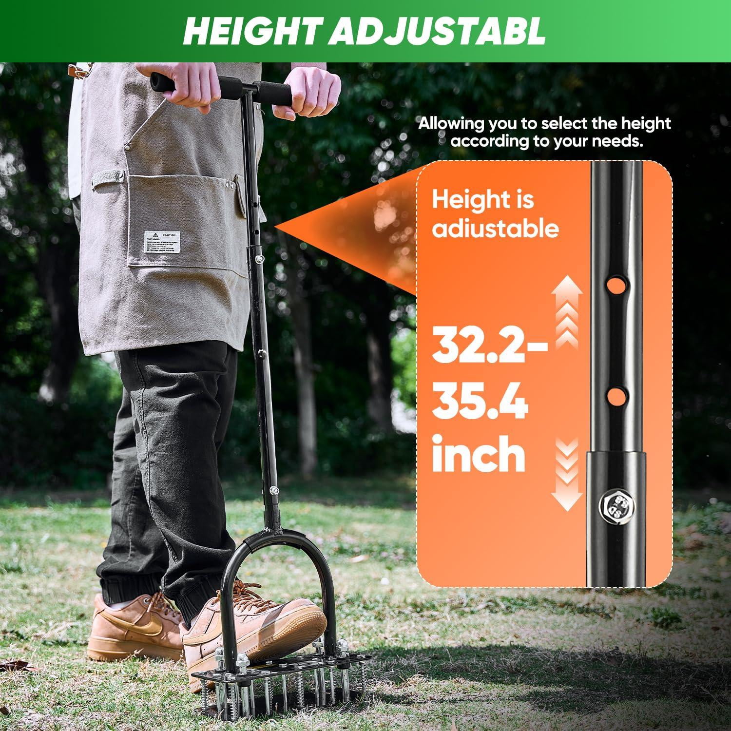 Manual Lawn Aerator Tool With 15 Iron Spikes Adjustable Height  Double-layer Spring Heavy-duty Gloves For Loosening Soil Aerating Patio Yard Garden Black