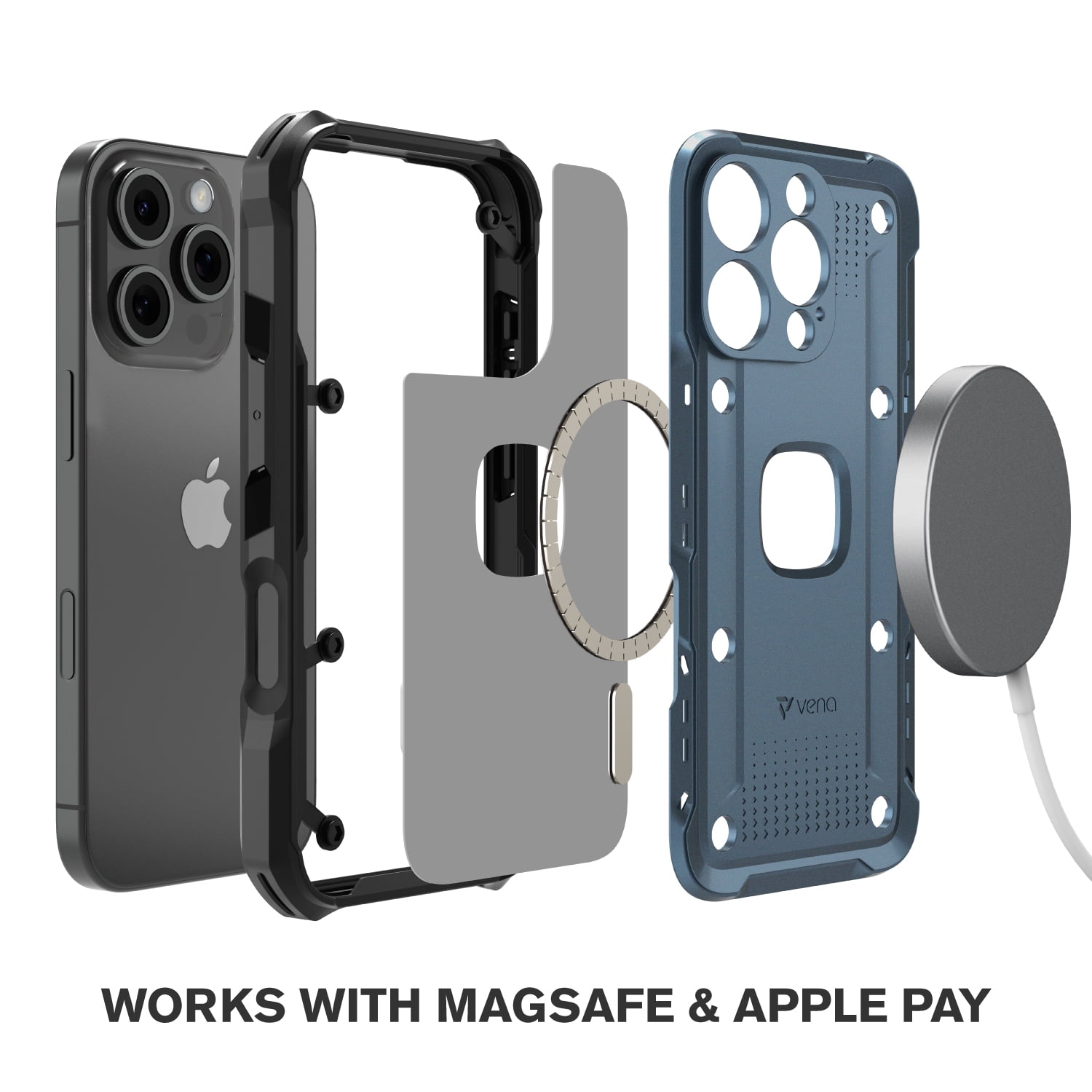 VENA vArmor Rugged Case for Apple iPhone 16 Pro (6.3"), (Military Grade Drop Protection) Magsafe Compatible and Heavy Duty Holster Belt Clip Cover with KickStand - Slate Blue / Black
