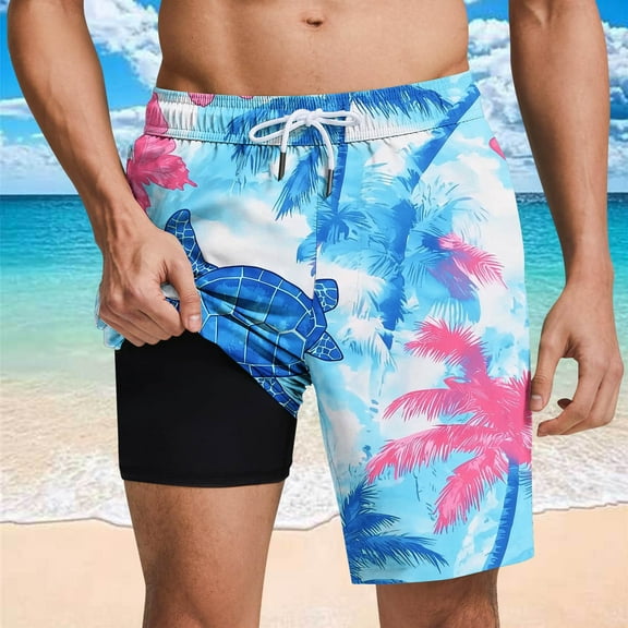 Nuoqisi Mens Swim Trunks Bathing Suit Mens Swimwear Shorts Quick Dry with Compression Liner Print Beach Board with Pocket and Drawstring
