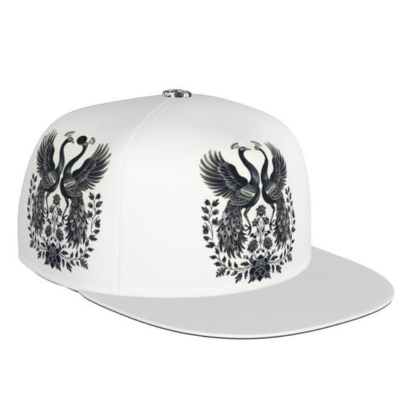 Flat Bill Trucker Hats for Women Men - Artistic Black White Peacocks Adjustable Flat Baseball Cap Snapback Hats Dad Hats for Men