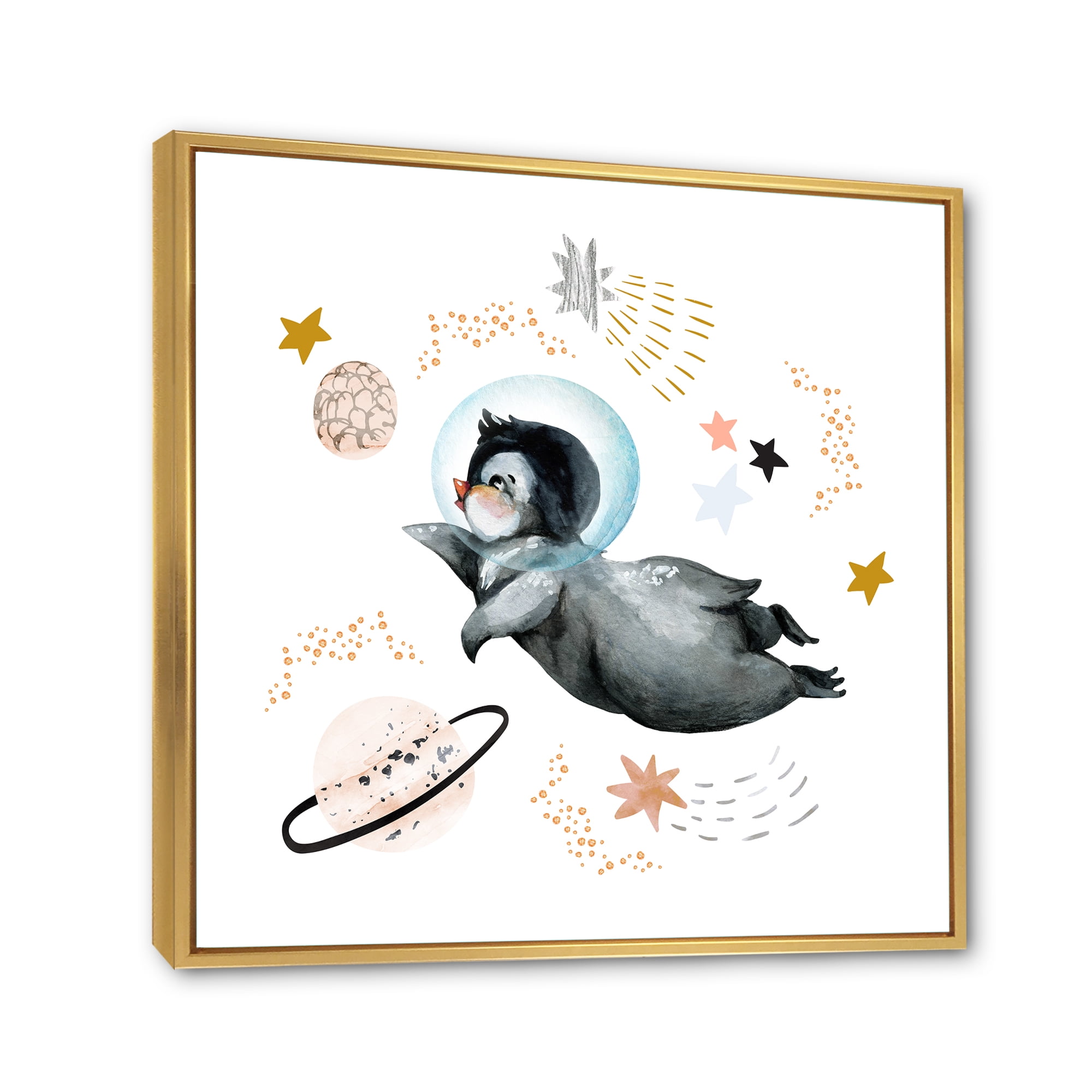 Designart 'Little Penguin Flying Planets and Stars II' Farmhouse Framed Canvas Wall Art Print