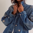 thumbnail image 3 of sicmoss Women's Blue Cotton Vintage Oversized Embroidered Denim Jacket Boho Loose Fit Button Down Casual, 3 of 7