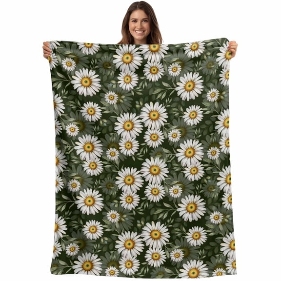 White Daisies Blanket Soft Cozy Warm Throw Blanket for Couch, Plush Fuzzy Flannel Fleece Blankets for Sofa, Farmhouse Botanical Flowers Leaves Green Bed Blankets Lightweight Gifts for Women, 30"x40"