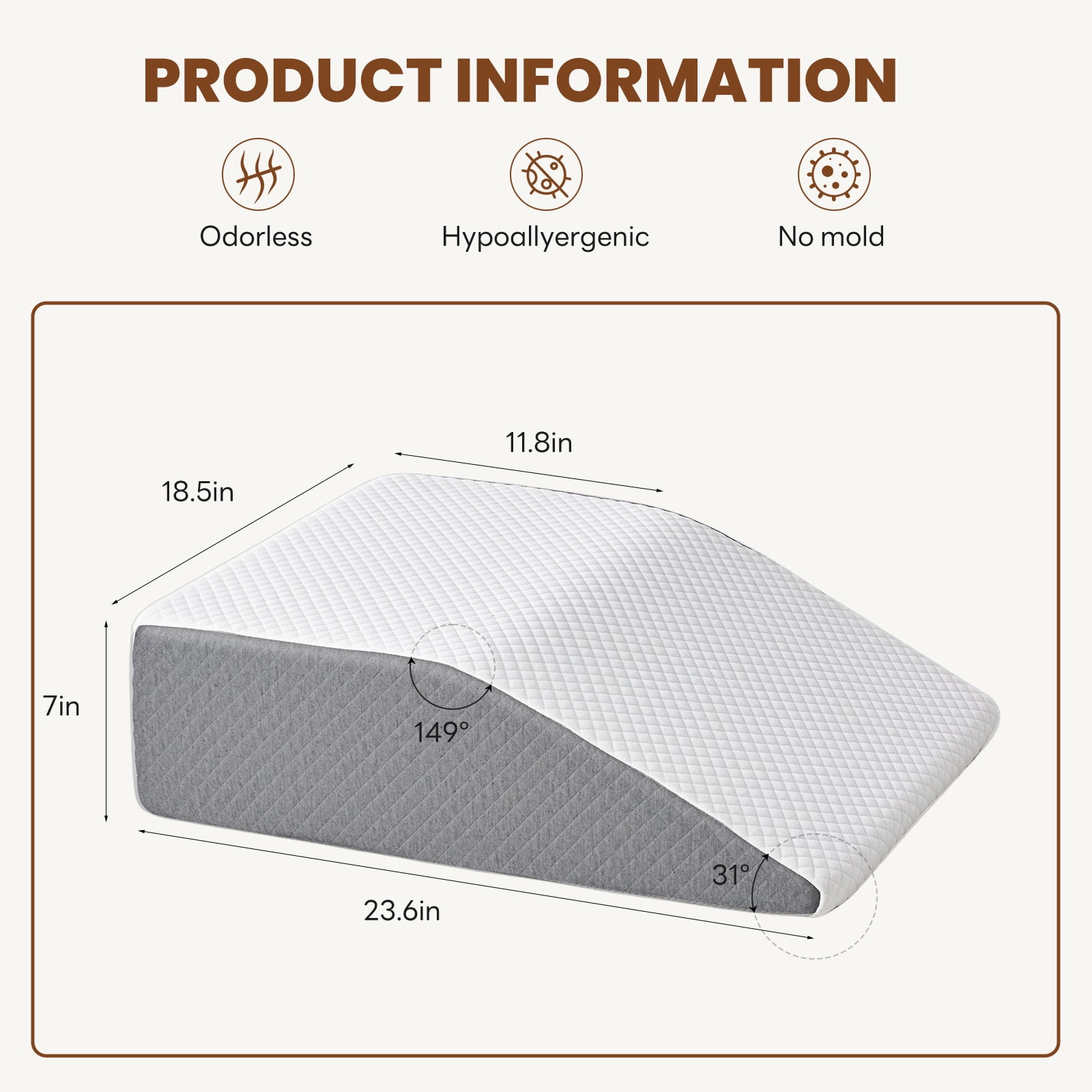 CONCETTA Wedge Pillow for Sleeping, Memory Foam Body Pillow for Acid Reflux, Neck & Back Pain Relief, Post-Surgery Recovery & Snoring Reduction, 7Inch