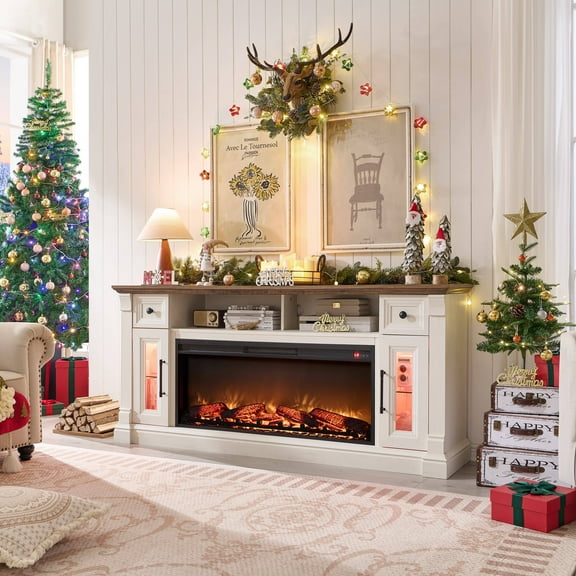 OKD Farmhouse Fireplace TV Stand up to 80'' TV, Entertainment Center with 42" Fireplace & LED Lights, Modern Media Console Table with Cabinets and Storage Drawers, Antique White