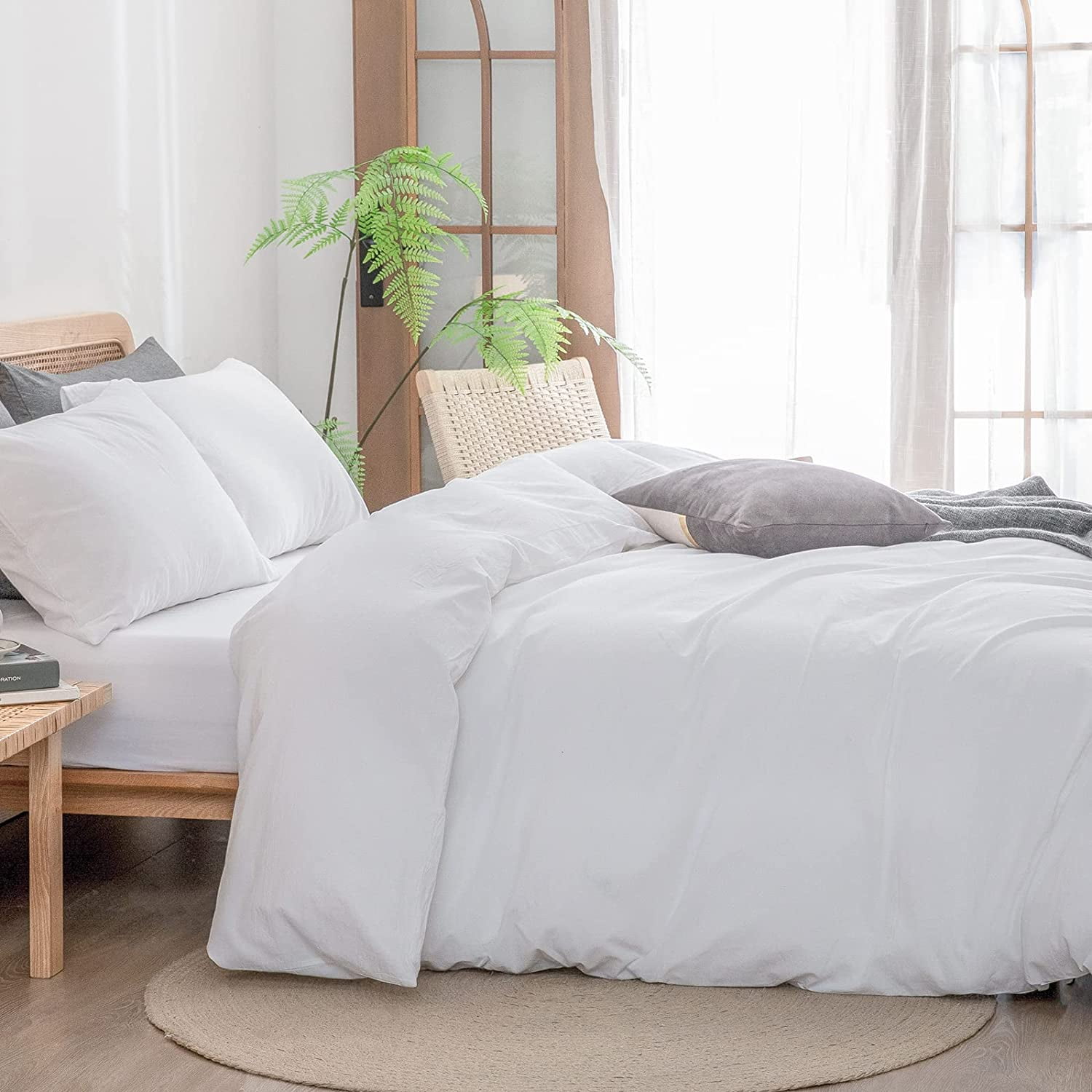 BESTOUCH Duvet Cover Set Full 100% Washed Cotton Linen Feel Soft Chic Lightweight 3Pcs (Bright White, 80"x90")