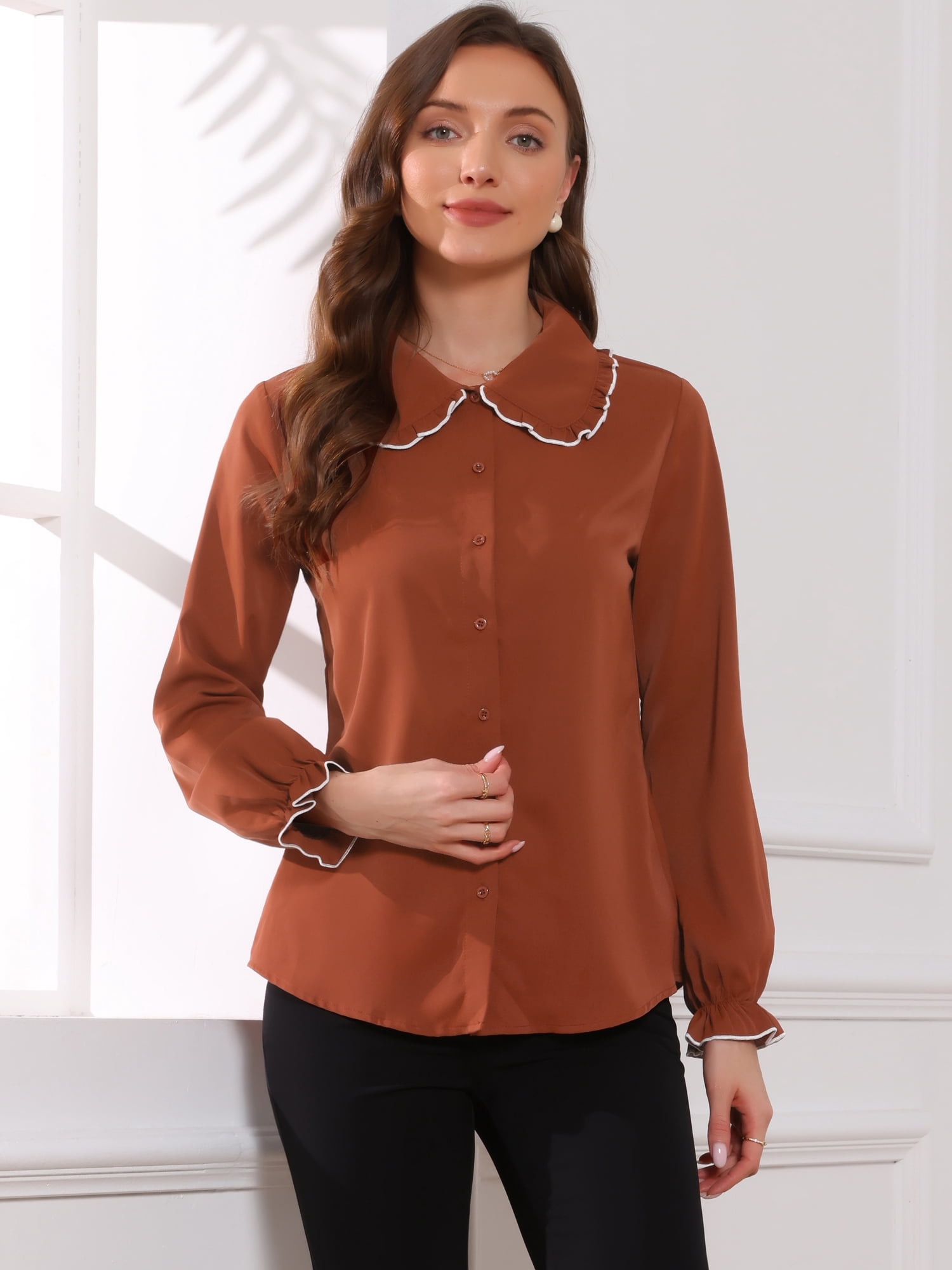 DARING DIVA Women's Long Sleeve Peter Pan Collar Button Down Blouse L Brick Red