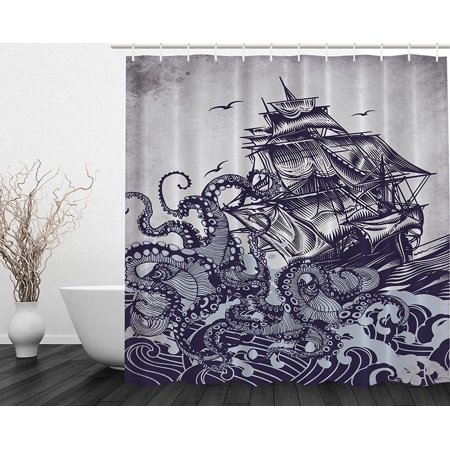 1PC Sail Boat Waves and Octopus Shower Curtain Shower Panel 69