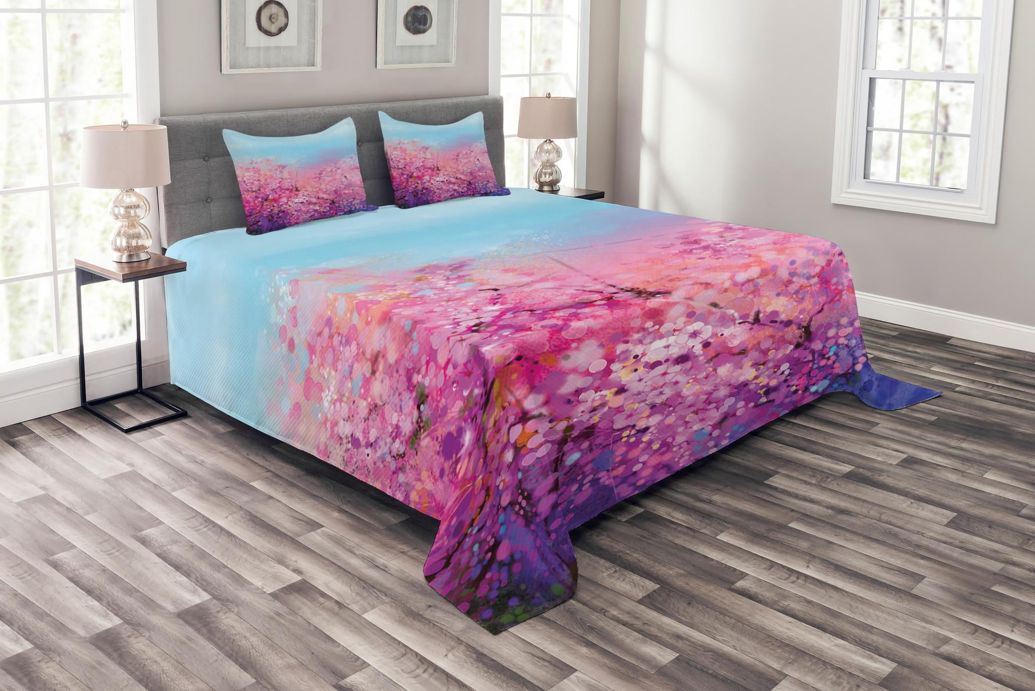 Flower Bedspread Set Queen Size, Sakura Blossom Floral Beauty with Sky