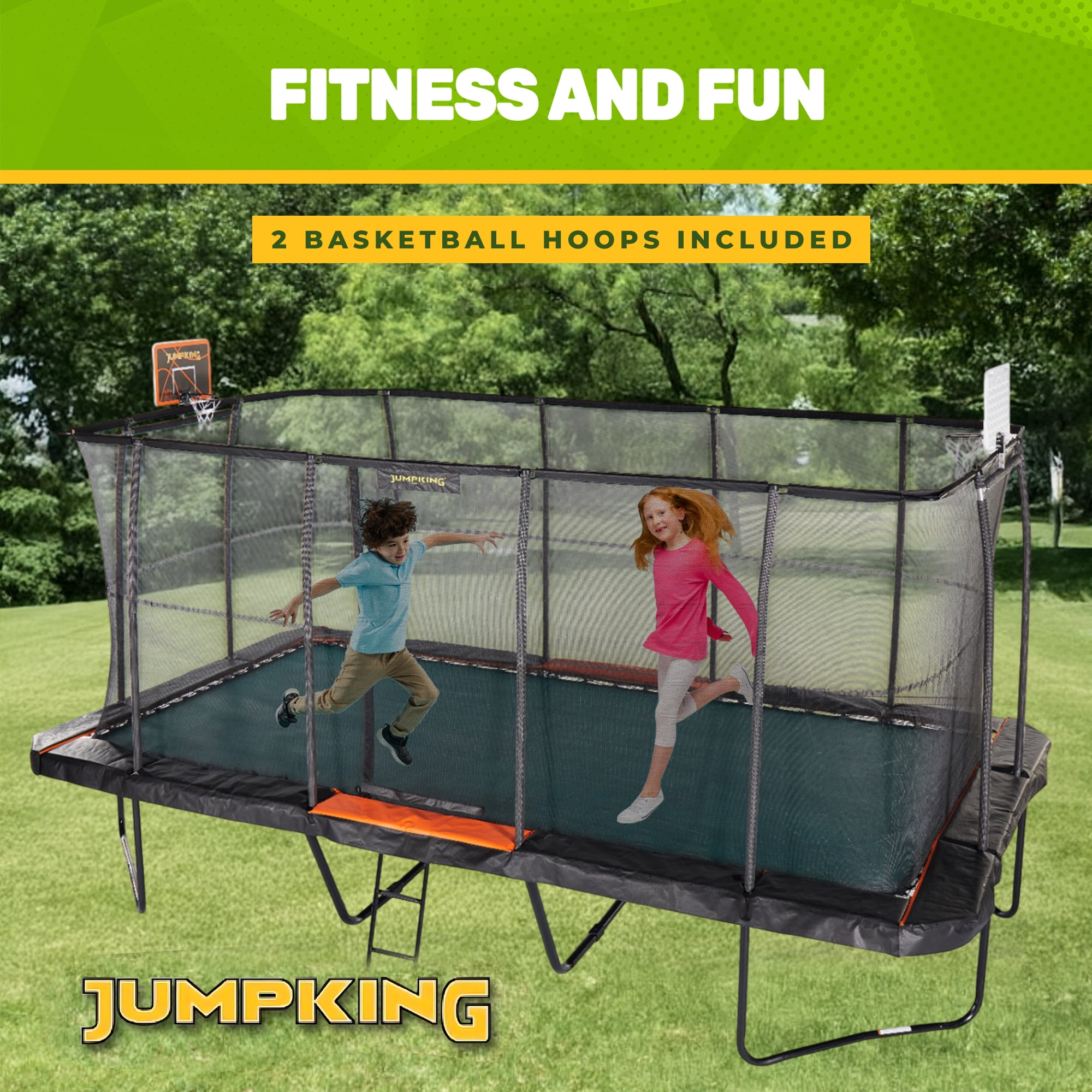 JumpKing 10’x18’ Rectangular Trampoline with 2 Basketball Hoops