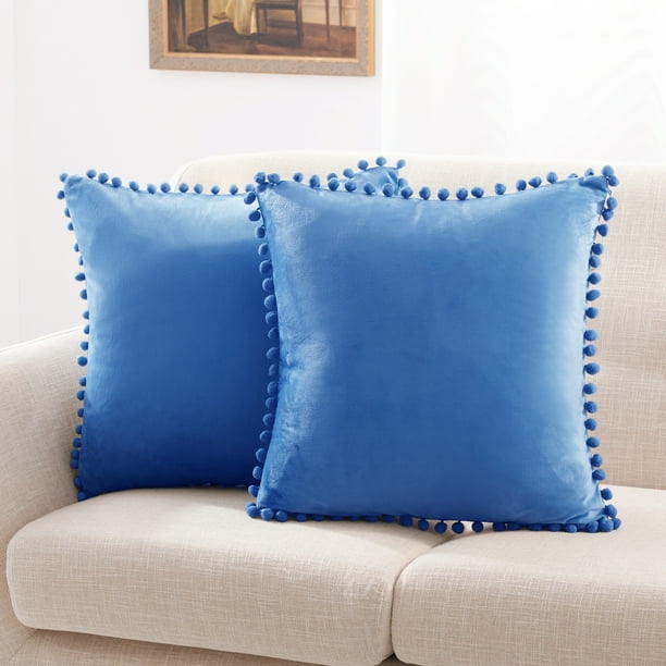 Deconovo Decorative Throw Pillow Covers 16x16 inch Velvet Pillow Cover Pom  Poms Pillowcase with Hidden Zipper,Blue, Set of 2