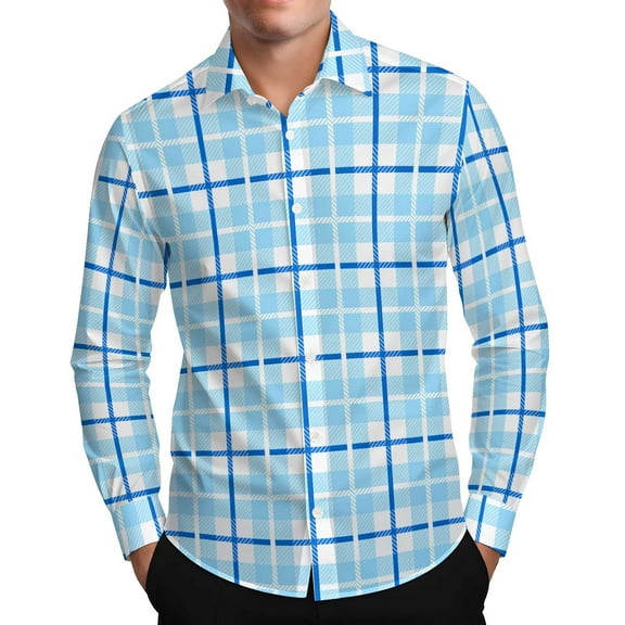 MELDVDIB Button Down Plaid Shirts for Men Long Sleeve Slim Transitional Weather Dress Shirt Travel Business Comfy Blouse Tops Sky Blue XL