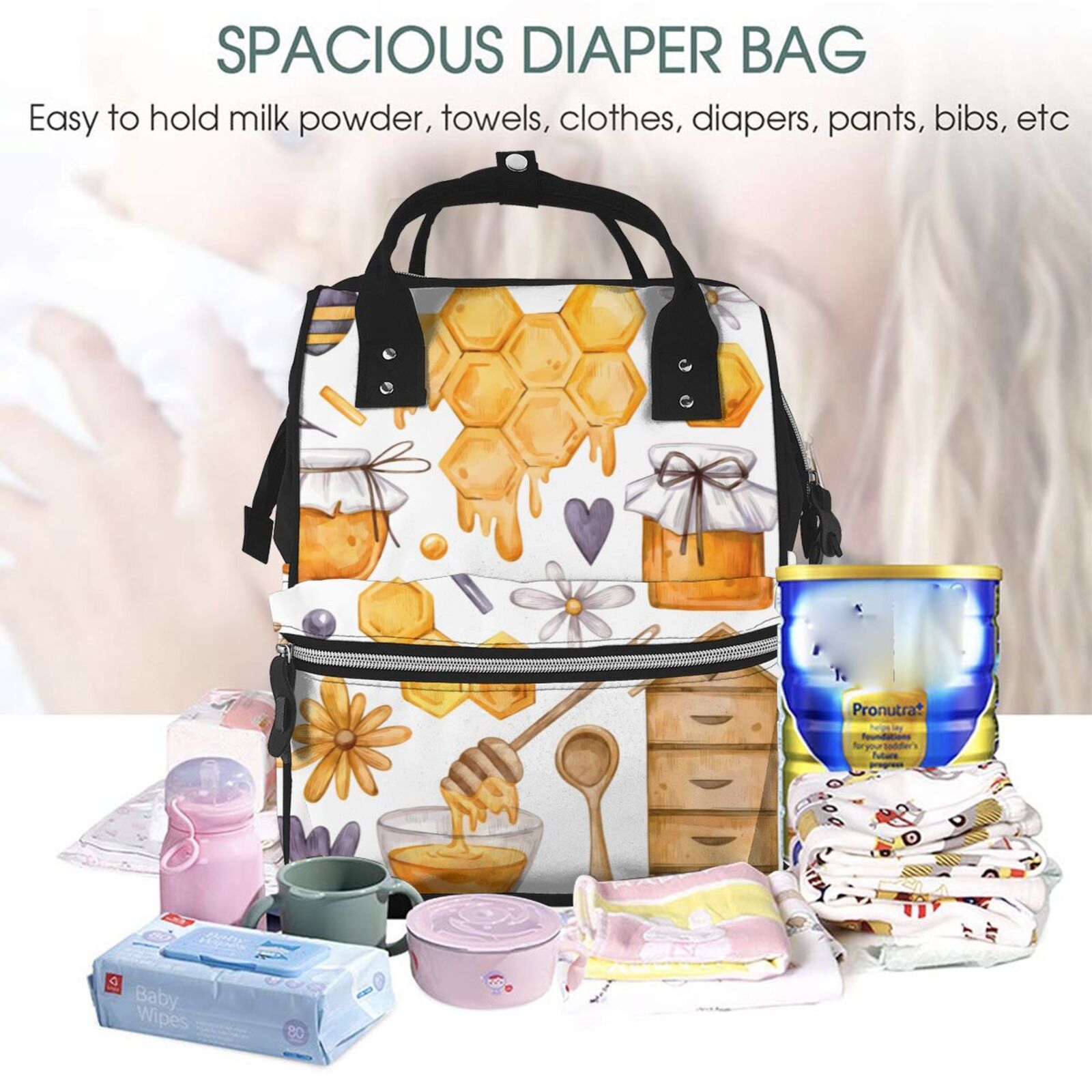 Fuzoiu Honey Bee Set Print Diaper Bag Backpack,Baby Essentials Travel Tote,Multi function Waterproof Diaper Bag, Travel Essentials Baby Bag - Unisex