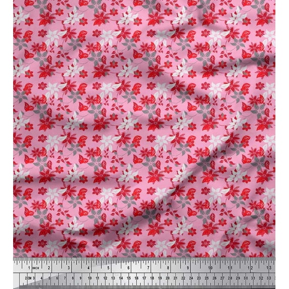 Soimoi Silk Fabric Leaves & Floral Shirting Decor Fabric Printed Yard 42 Inch Wide