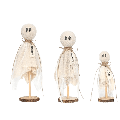 TVYTYAT Halloween Interior Decorations - Set of 3 original Halloween ghosts on wooden stands for table centerpieces, shelves and mantels