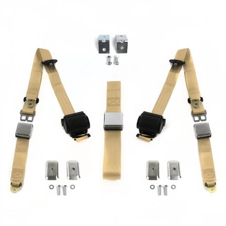 Airplane 3 Point Tan Retractable Bench Seat Belt Kit with Bracketry for Chevy Chevelle 1964-1967 - 3 Belts